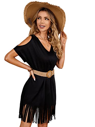 Verdusa Women's Cold Shoulder V Neck Fringe Hem Straight Dress Without Belt3