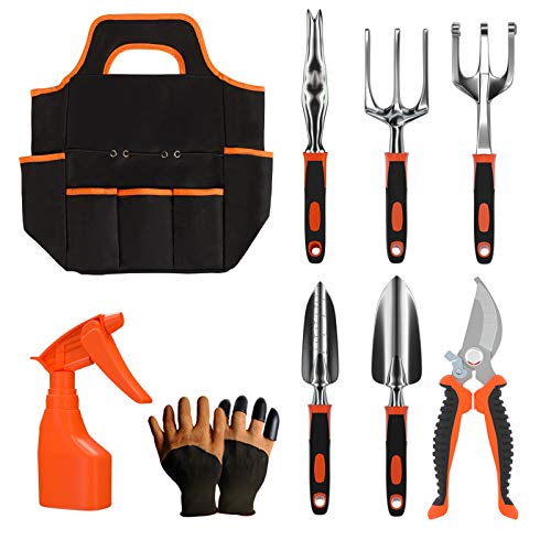 Gardening Tool Set - 9 Pieces Aluminium Alloy Garden Tools Kit Included Hand Trowel Shovels Rake, Garden Gloves and Garden Tote, Heavy Duty Garden Spade, Steel Pruning Shears, Garden Gifts