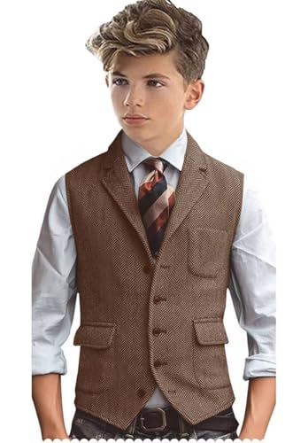 Kids Tweed Vest Vintage Herringbone Boys Vest for Wedding Prom V Neck Formal Waistcoat with Pocket2
