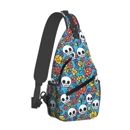 Crossbody Bags For Women Men Skull Flower Blue Sling Backpack Chest Shoulder Bag Gym Cycling Travel Hiking Daypack