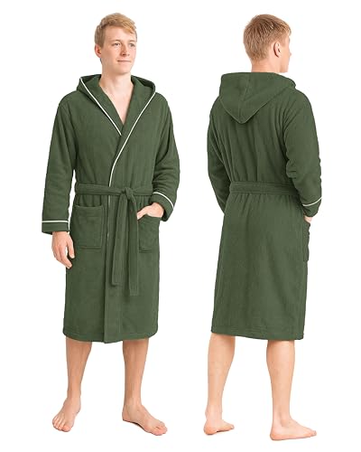 LAYNENBURG Bademantel Herren Frottee - Kapuze - Lang - 100% Baumwolle (360g/m2) - OEKO TEX Standard 100 - Größe (L, Grün)