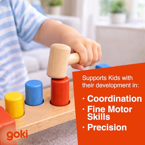 Image of Goki Wooden Pound-A-Peg Toy with Hammer | Classic Pounding Bench for 2 Year Olds | Preschool Learning & Montessori Activity Set - Durable Educational Birthday Gift for Toddlers