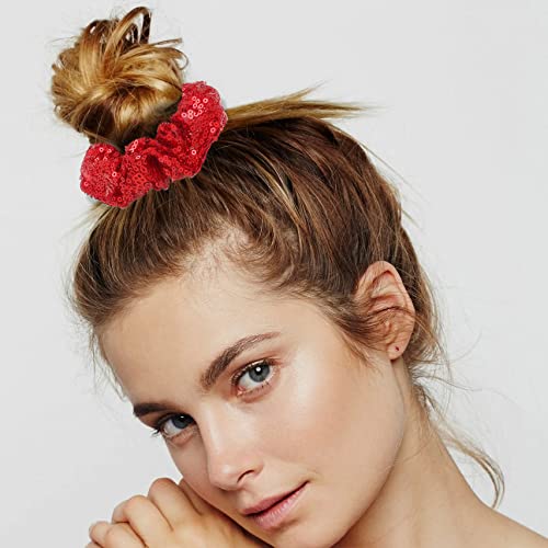 12 Pcs Sequin Hair Scrunchies Hair Bobbles Metallic Elastics Ponytail Holders Hair Wrist Ties Bands Cloth Scrunchies For Show Gym Dance Party Club Girl Women (Red) #TOP5