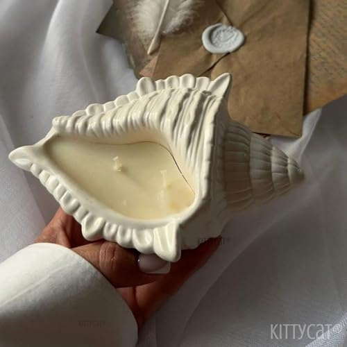 Image of Kittycat Vanilla Scented Seashell Ceramic Candle | Hand-Poured Conch Shell Candle with Soy Wax Blend | Aesthetic Home Decor for Bedroom, Living Room & Gifting