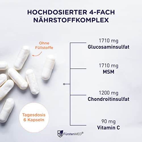FürstenMED® Glucosamin Chondroitin MSM Hochdosiert + Vitamin C, 180 Kapseln als 4 Fach Komplex mit Glucosamine, Laborgeprüft & Ohne unerwünschte Zusatzstoffe