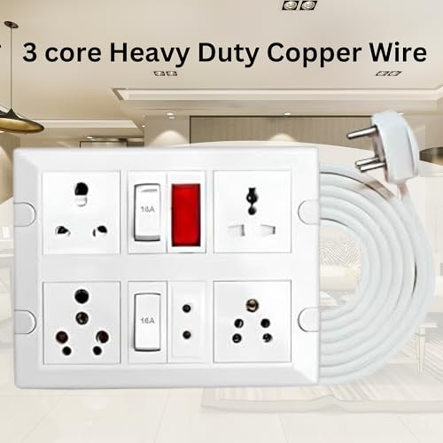 Image of Elegant Casa 6+16 Amp Electric Extension Board 4 Indian and Universal Sockets with Switches, Indicator Light for Small and Large Appliances with 16 Amp Plug Top 3 Core 2.5 Mm,3 Meter Copper Wire