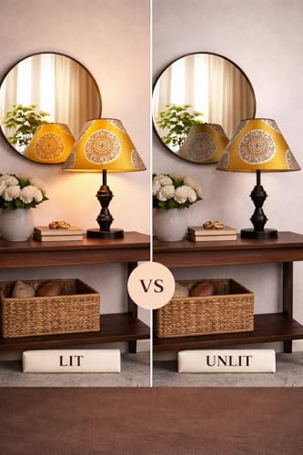 Image of tu casa Modern Table Lamp with Crimson Floral Satin Shade | Metal Iron Base Decorative lamp for Living Room| Home Decor, Designer Table Lamp for Gifting (Golden Mandala)