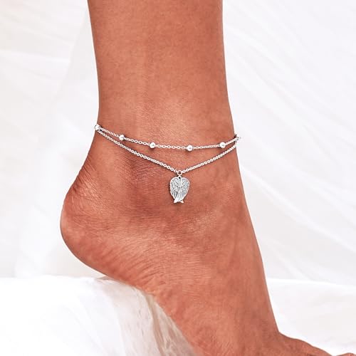 Image of CHIC & ARTSY 925 Sterling Silver Ankle Bracelets for Women, Dainty Adjustable Layered Foot Chains with Symbolic Charms, Boho Beach Everyday Lightweight Jewelry