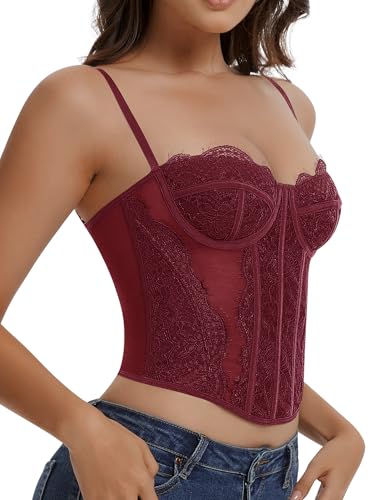 Image of Lace Corset Tops for Women Sexy Going Out Bustier Top Sleeveless Adjustable Straps Crop Tops with Back Hooks