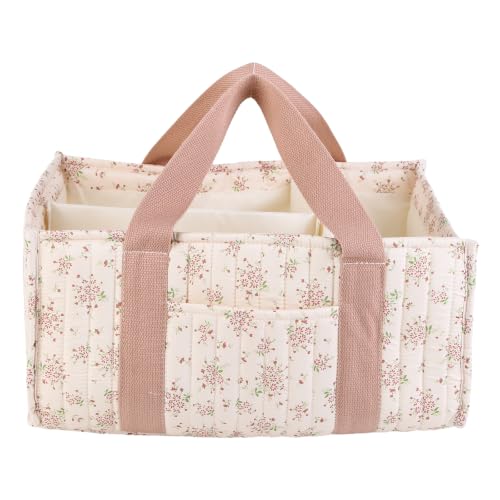 Organizador de pañales floral con asa, elegante cesta de almacenamiento para guardería con división extraíble, cesta de regalo para bebés y niñas (rosa margarita)
