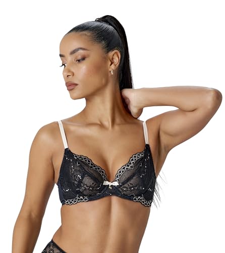Gossard Women's Superboost Lace Non-Padded Plunge Underwire Bra - Push Up Effect, Black (Black/Ivory Rose), 38D