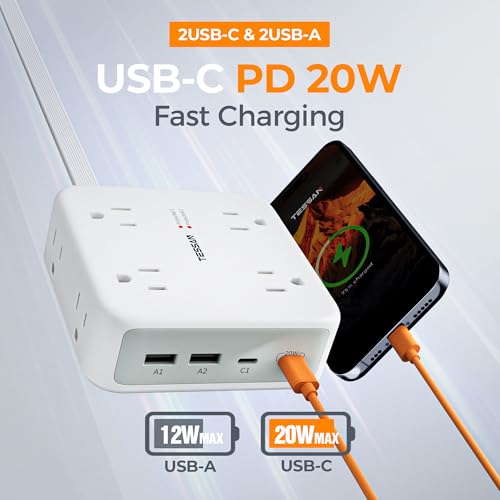 5ft Flat Plug Extension Cord Indoor, TESSAN Surge Protector Power Bar with 4 USB (2 USB C), Power Strip with 8 Multi Plug Outlets, Charging Station Wall Mount for Dorm Room Home Of image 2