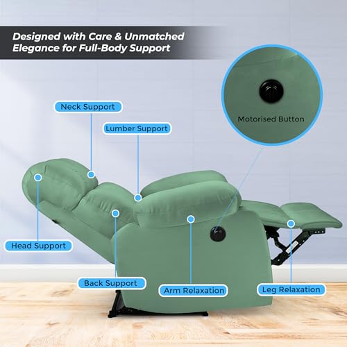 Image of Little NAP Helios Soft Suede Fabric Single Motorized Standard Recliner | Padded 1 Seater Aaram Sofa | Relaxing Chair for Home Office Living Bed Room | Green