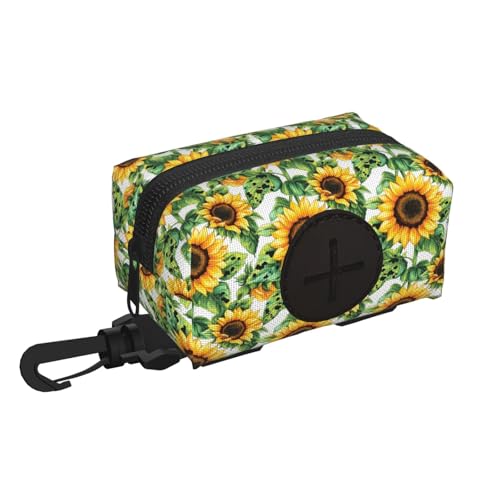 Dog Poop Bag Holder for Leash - Soft Lightweight Yellow Sunflower Field Print Dog Poop Waste Bag Rolls Dispenser, Hook and Loop Fastening Dogs Walking Accessories with Zipper and Carabiner