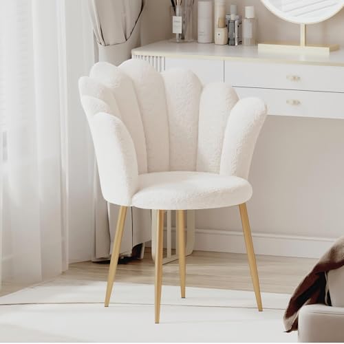 Armchair Tub Chair Boucle Vanity Chair Shell Accent Chairs with Gold Plating Metal Legs Leisure Single Sofa Dressing Chairs for Home Office Bedroom Living Room Dining Room White