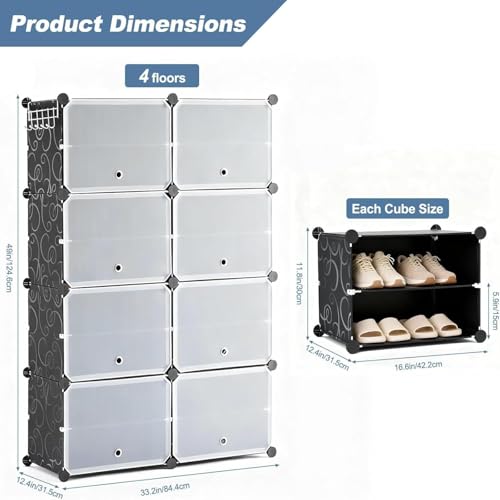 Image of DUMOS 8-Tier Shoe Storage Cabinet with Door, Stackable, 32 Pairs, Black | Dust-proof door with airflow holes, fits closets, entryways, hallways & bedrooms, waterproof PP panels, side hooks included
