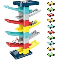 Car Ramp Toy - 9 Layers Educational Click Clack Racing Tracks, 8 Tracks & 10 Cars & Stickers, Birthday for Toddlers Children Kids Ages 3 and Above 