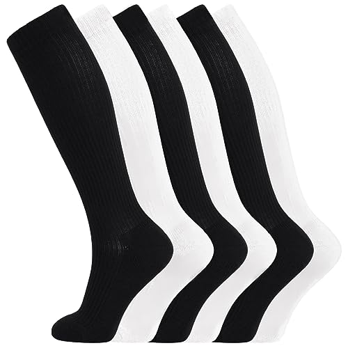 Image of +MD Cotton Compression Socks for Women & Men 4 /6 Pairs 15-20mmHg Knee High for Sports, Travel, Nursing Long Sitting Standing