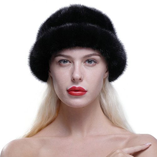 URSFUR Women's Genuine Mink Roller Hat Cap with Mink Top Black