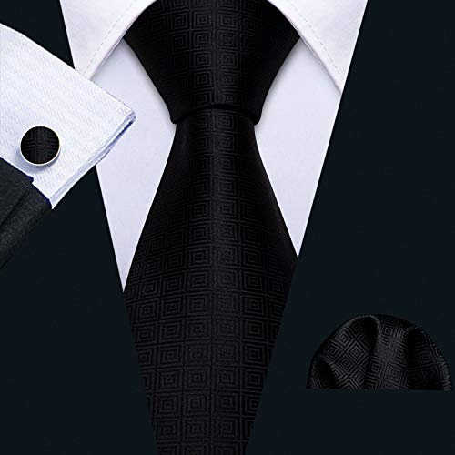 Image of Barry.Wang Plaid Ties for Men Silk Necktie Handkerchief Cuff Links Set