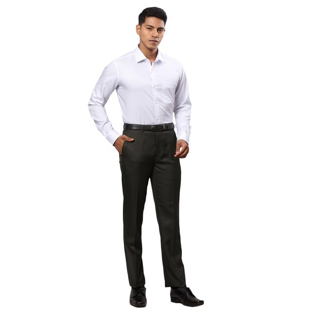 Image of Raymond Men's Mid Rise Contemporary Fit Poly Viscose Blend Solid Pattern Flat Front Formal Trouser