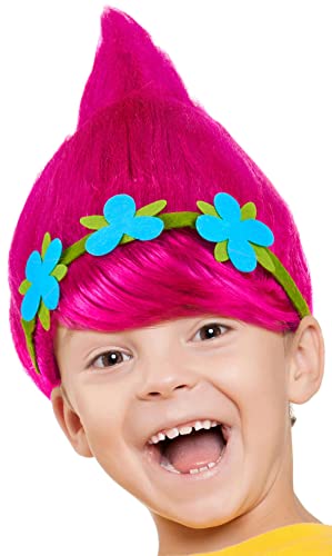 Perruque Troll pour enfants filles & garçons en rose, turquoise et vert pour compléter le costume de Trolls pour Mardi Gras et Carnaval (rose + couronne de fleurs)