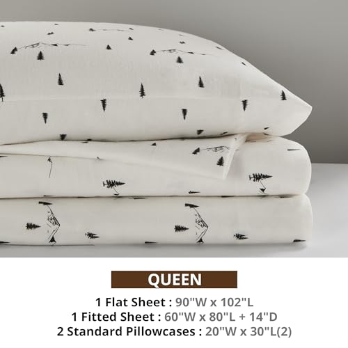 Image of Woolrich Cotton Sheet Set Cottage Charms Print, 100% Cotton Flannel Sheets Warm & Fuzzy Bedding Set Queen Size Sheets, Fitted Pocket Fits Up to 14 inch Mattress, Queen Black Pine Trees 4 Piece