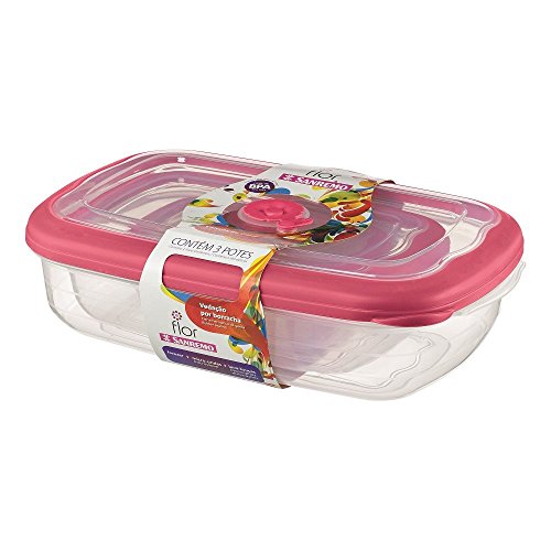Conjunto 3 Potes Retangular Plástico Sanremo Transparente / Rosa Plástico
