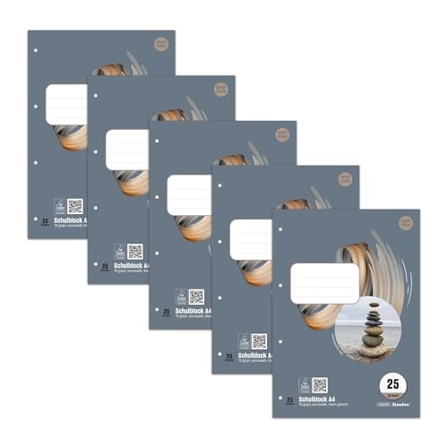 Staufen Style Schulblock - 5 Blöcke je 50 Blatt, DIN A4, 70 g/m², LIN 25 (liniert 9 mm mit weißem Rand), 4-fach Lochung