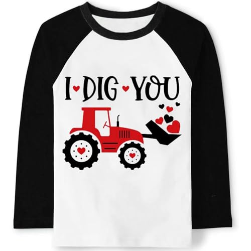 Toddler Boy Valentine Shirt Kids Raglan Long Sleeve Tees Excavator Dinosaur Heart T-Shirt Tops 2-7 Years