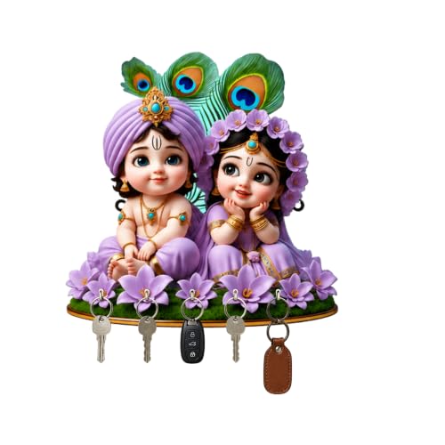 Image of Radha Krishna Wall Key Holder with 5 Hooks (Purple)