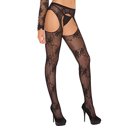 Elegant Moments Women's Plus Lace Suspender Pantyhose, Black, One Size