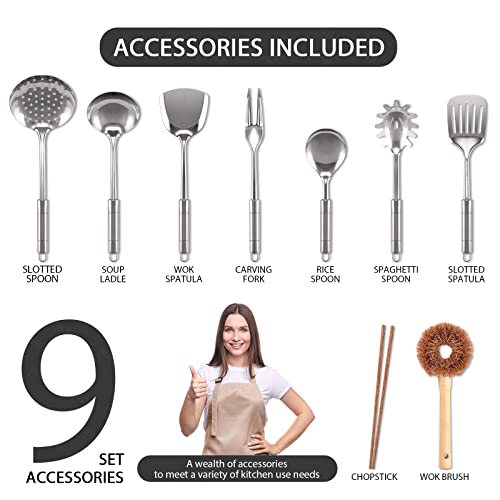 Carbon Steel Wok, 9 Pcs Wok Pan With Iron Lid & Handle Stir-Fry Pans 12.8" Chinese Wok Flat Bottom Wok With Cookware Accessories Suitabe For All Stoves (Black) #TOP2