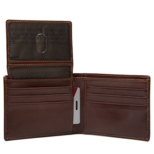 Tony Perotti Italian Leather Classic Passcase Billfold Bifold Double Currency Gusset Wallet with ID Window Flap, Cognac