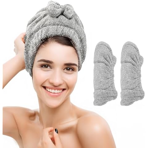 ZenTiky Microfiber Hair Drying Towels - Microfiber Hair Towel Head wrap with Bow-Knot Absorbent Hair Towel for Wet Hair-Grey Cover