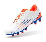 FEETHING Kinder Fußball Schuhe für Jungen/Mädchen Jugend Leichtgewicht Fußballschuhe für Firm Boden rutschfeste Athletik Schuhe für Kleine Große Kinder(Weiß,35EU Großes Kind)