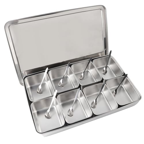 Organizador de especias de metal de alta calidad, 8 compartimentos, caja de almacenamiento de especias plateada, contenedor esencial para hierbas, condimentos y especias, diseño duradero y elegante