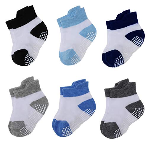 Unisex Baby Non-Skid Grip Ankle Socks Toddler Infant Newborn Kids Boy Girls Cotton Half Cushion Non Slip Crew Socks (Boy, 4-6 Years (Shoe Size 9.5-1))