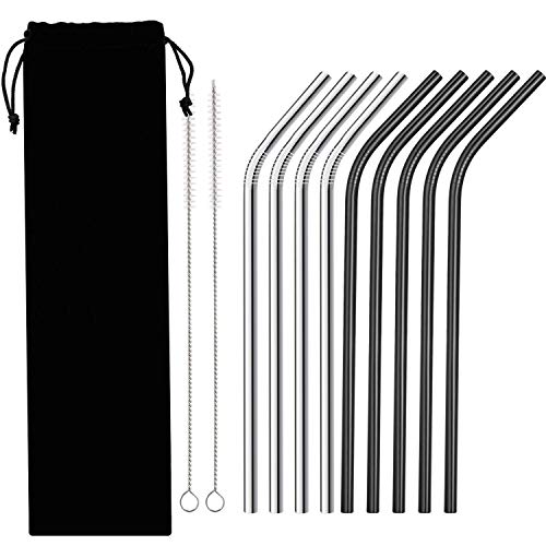 HEEFEN Juego de 10 pajas de Acero Inoxidable, 8 pajitas de Metal dobladas Reutilizables Negras y Plateadas con 2 cepillos de Limpieza