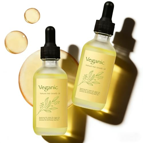 2PC Vegan Hair Growth Oil, Natural Hair Growth Serum for Thickening Mask & Hair Loss Treatment, Hair Oil for Dry Damaged Hair, with Caffeine, Castor Oil, Argan Oil, Coconut Oil, Rosemary Oil