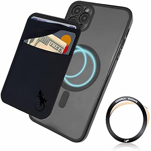 Gecko Magnetic Wallet Universal Magsafe for any Phone - Double Card Pocket for Back of Phone - Use with iPhone 12 13 Mini Pro - Extra Adhesive Magnetic Ring included (BLACK BLACK) Cover
