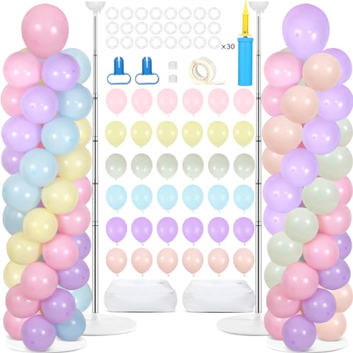 Image of 2 Sets Pastel Balloon Column Stand Kit with 100 Balloons Spring Mother's Day Adjustable Balloon Tower Stand with Bases for Floor Macaron Column for Graduation Birthday Rainbow Party Wedding Decor