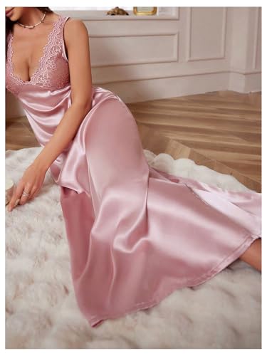 Image of WDIRARA Women's Satin Sleepwear Nightgown | Lace, Backless, Deep V Neck, Sleeveless, Long