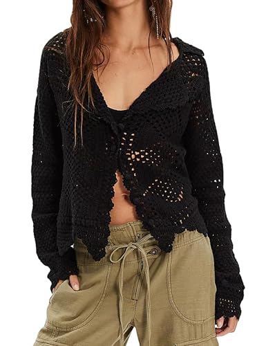 Women's Hollow Out Crochet Tops Open Front Knit Lightweight Long Sleeve Cardigan Sweater Casual Cover Up