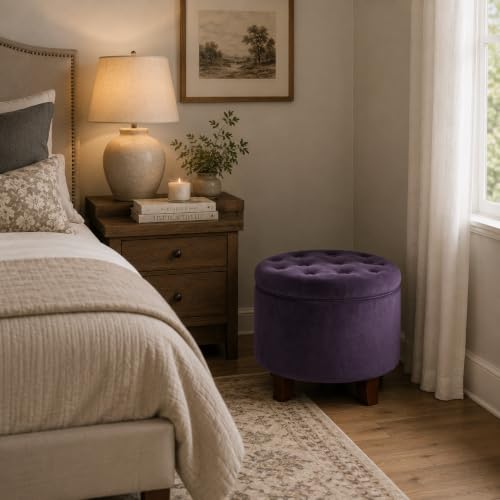 Image of HomePop 19 inch Velvet Button Tufted Round Storage Ottoman - Deep Purple