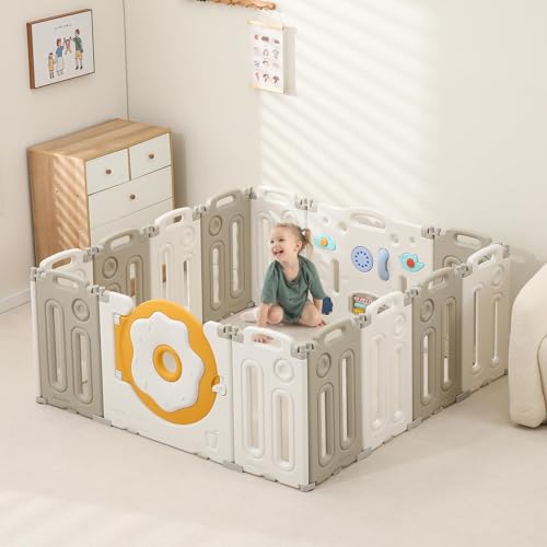 Foldable Baby Playpen Play Pen for Babies and Toddlers Fence with Game Panel and Safety Gate Adjustable Play Pens Portable Kids Play Yards for Indoor
