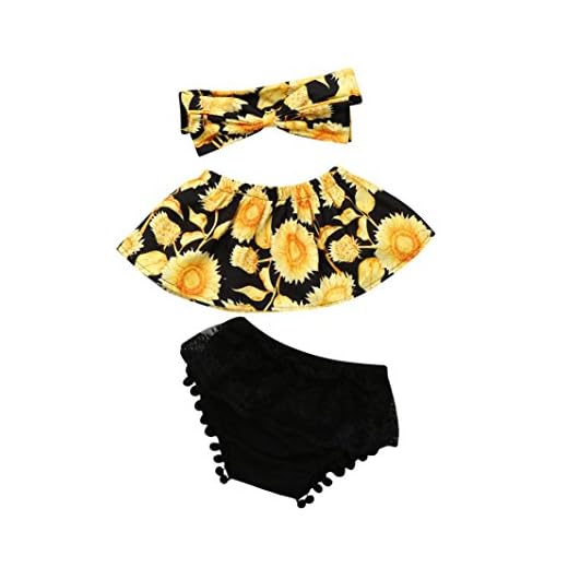Fossen Bebe Ropa Verano - Girasol Tops y Encaje Pantalones Corto con Banda de Pelo (12-18 Meses, Amarillo)