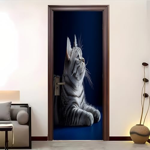 Autoadhesivo Pegatinas Para Puertas 86x200 cm Gato Americano De Pelo Corto Pegatinas Impermeables, Azul Oscuro 3D Vinilos Pegatina para Puertas DecoracióN Del Hogar BañO u Oficina