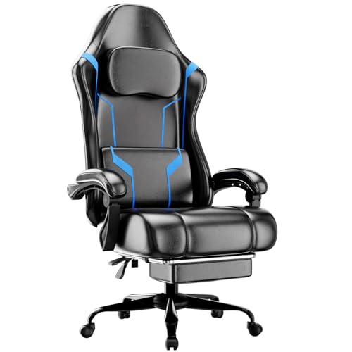Image of Ergonomic Gaming Chair with Footrest, PU Leather Video Game Chairs for Adults, 360°Swivel Adjustable Office Chair Gamer Chair, Comfortable Computer Chair for Heavy People (Blue)