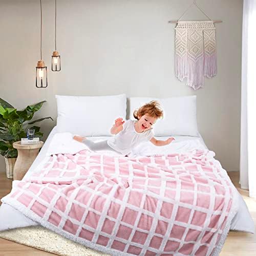 Pink Sherpa Fleece Throw Blanket Fluffy Plaid Large Textured Checkered Winter Warm Women Girl 130×150CM Plush Fuzzy Double White Blanket Super Soft Couch Sofa Throw